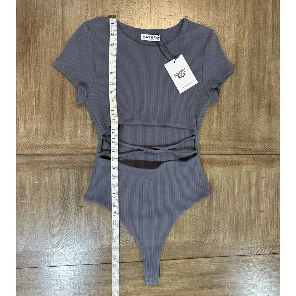 NWT PRINCESS POLLY Nicola Bodysuit Slate Gray Ribbed Criss Cross Thong Stretch 8 - Picture 11 of 16